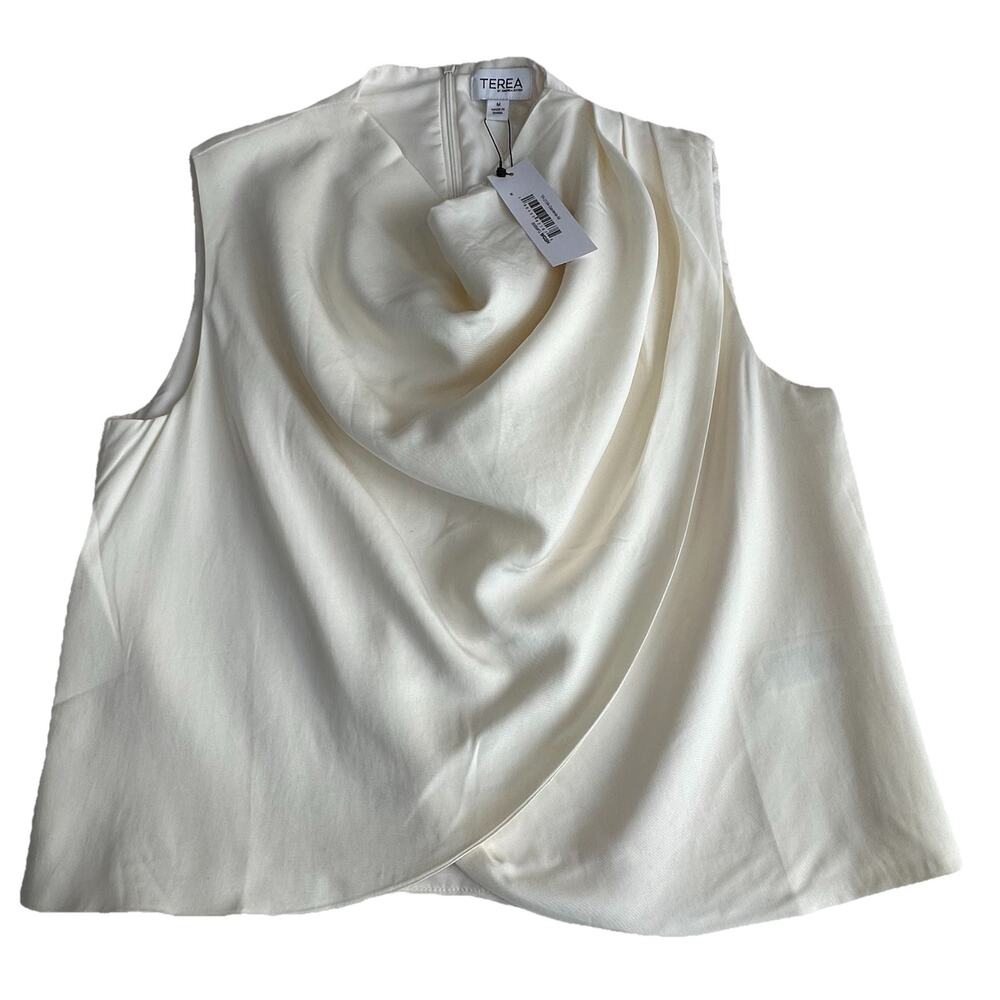 Terea By Andrea Pitter Ivory Drape Cowl Neck Sleeveless Cropped Top Zip Large